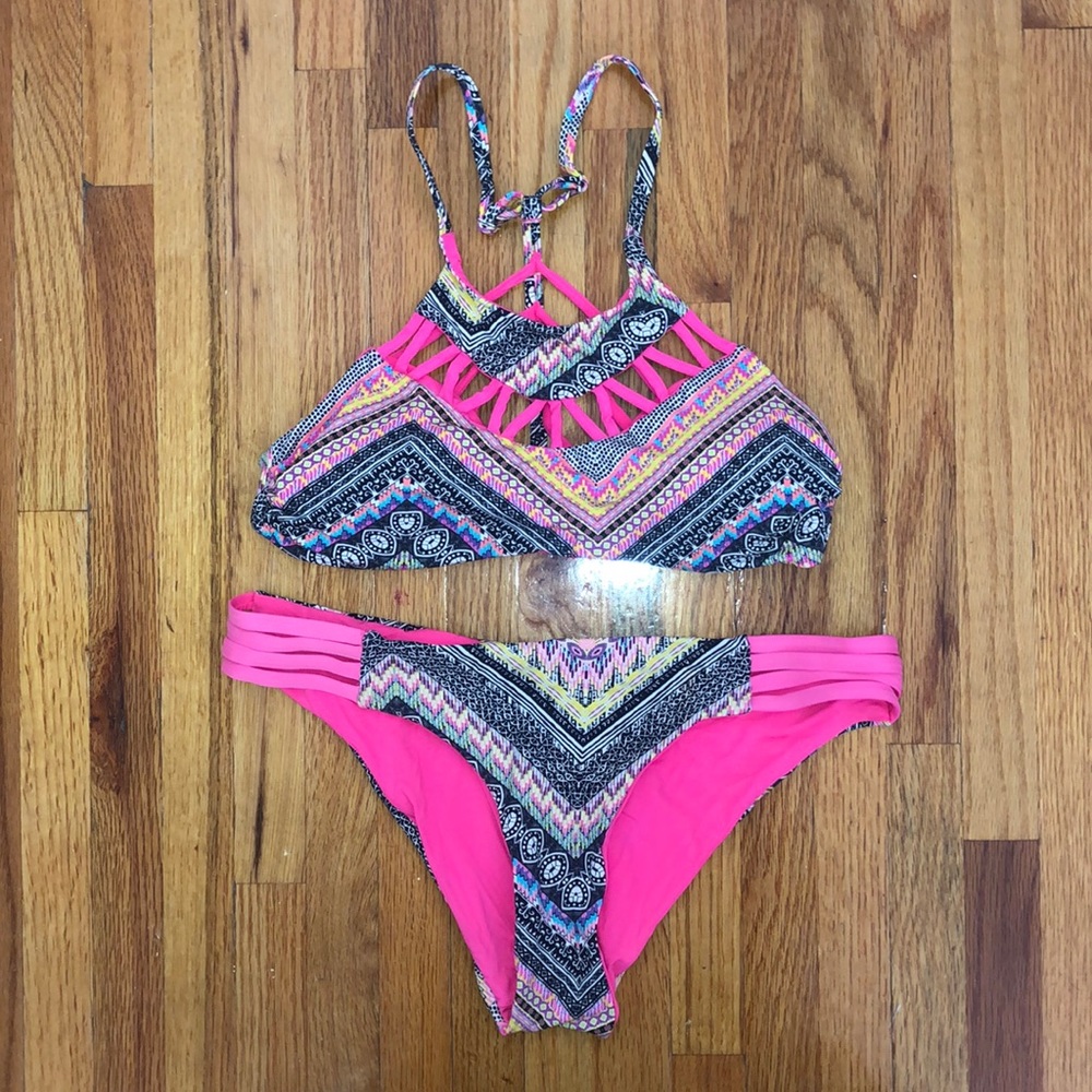 Pink & black two piece bikini bathing suit